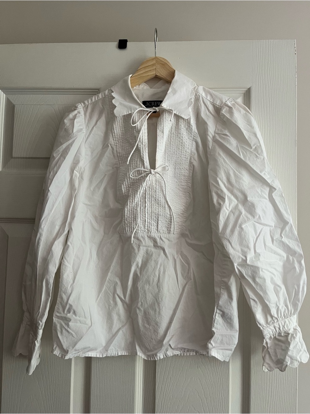 J. Crew White Pintuck Tie-Front Cotton Blouse